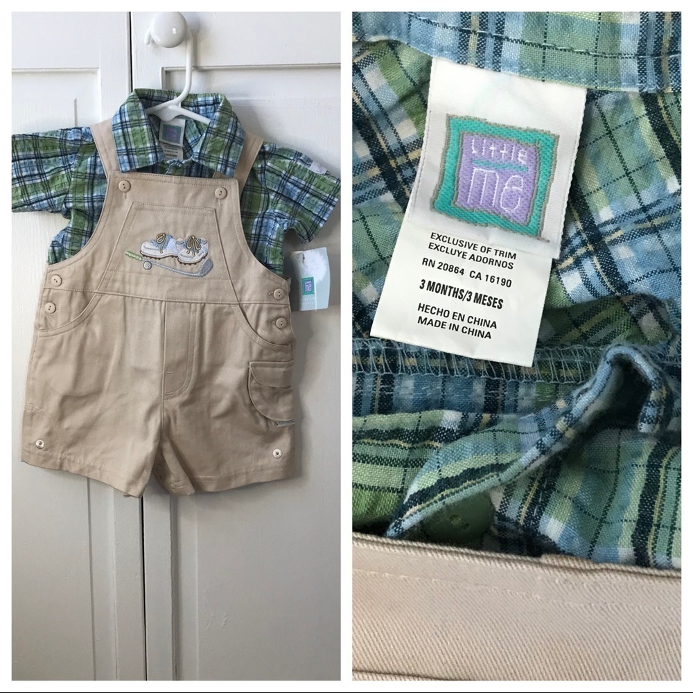 LITTLE ME Beige Overalls And Striped Button Down